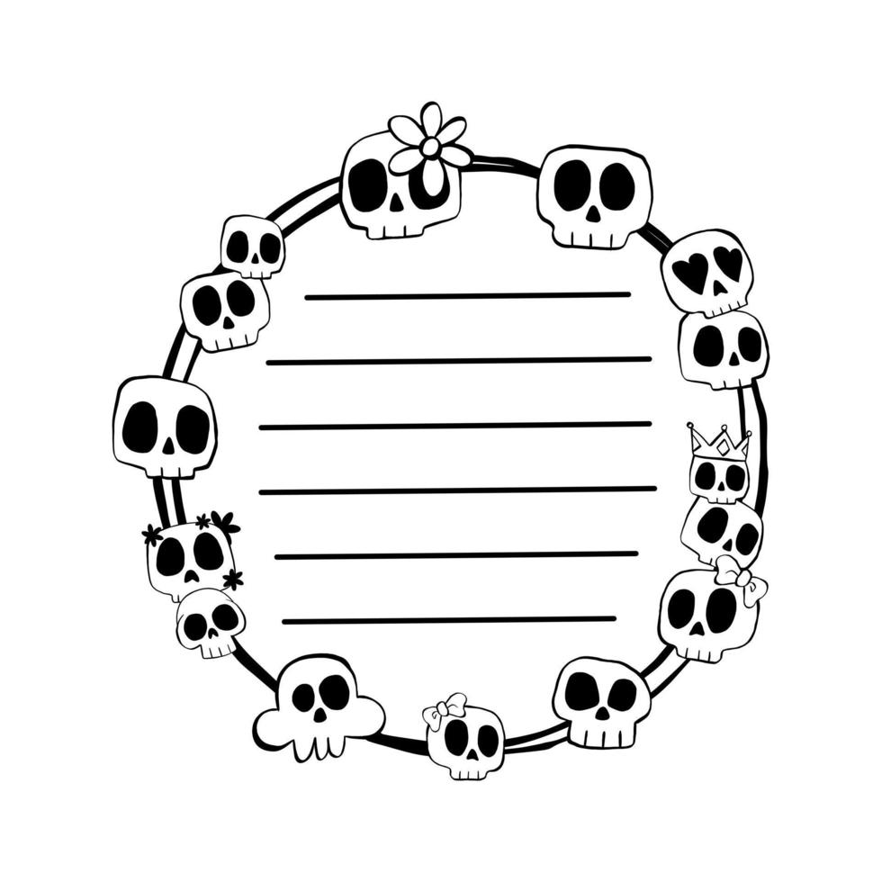 Notizpapier schwarze Linie und Totenkopf auf zwei Kreisen. vektorillustration über halloween zum dekorieren von logo, grußkarten, briefpapier und jedem design. vektor