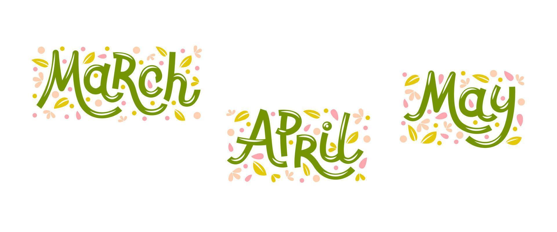 vektor uppsättning med blomma kronblad löv med de ord vår månader - Mars, april, Maj.
