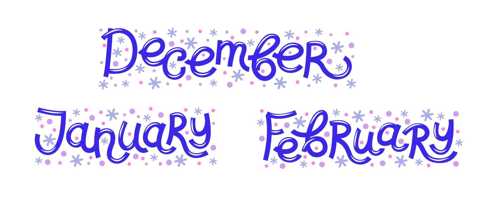 vektor uppsättning med snöflingor ord vinter- månader - december, januari, februari.