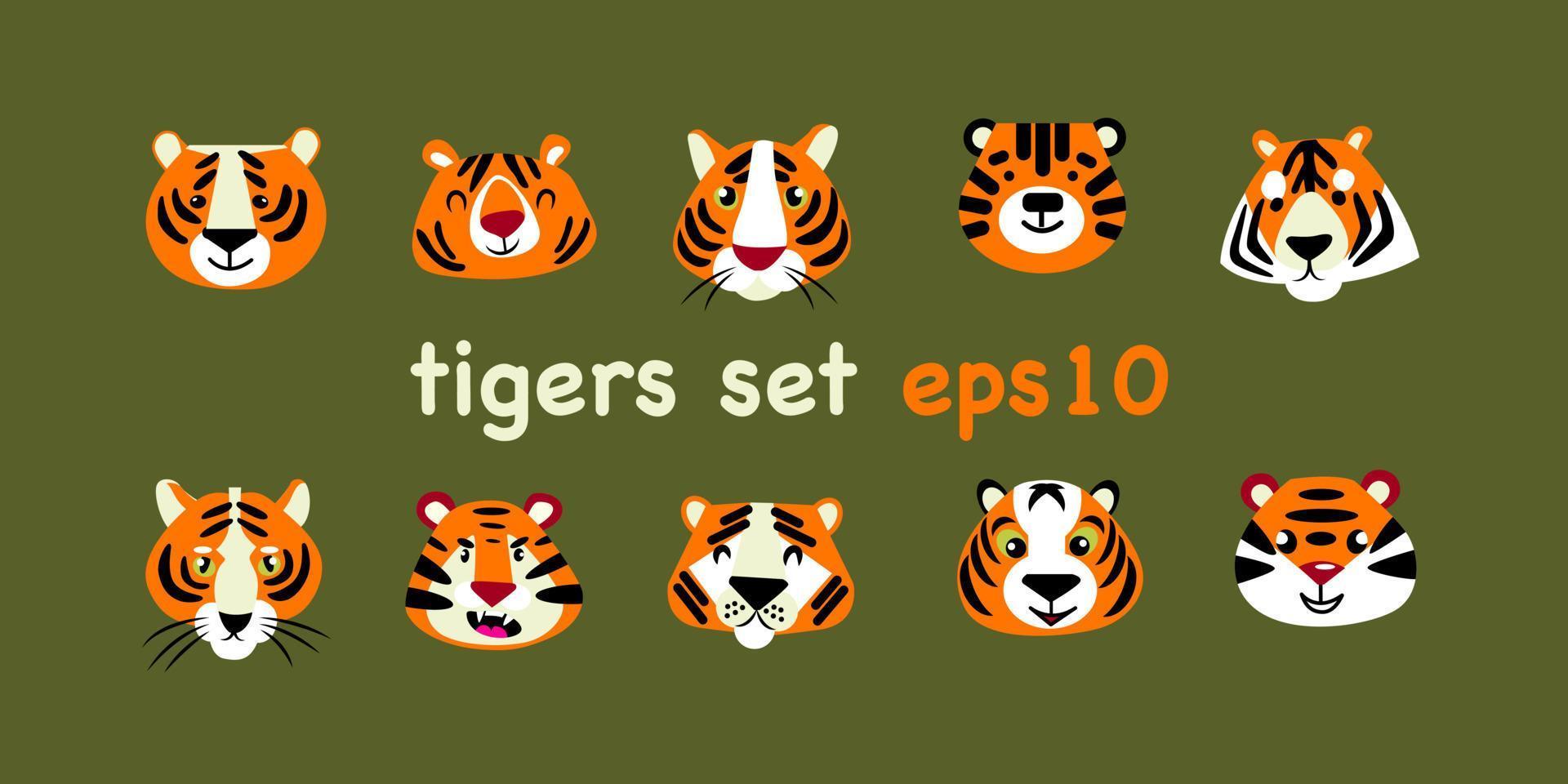 Set aus verschiedenen gezeichneten Tigerköpfen vektor