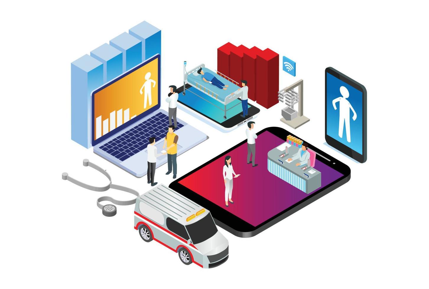 modern isometrisk smart hälsa vård sjukhus nätverk teknologi illustration i vit isolerat bakgrund med människor och digital relaterad tillgång vektor