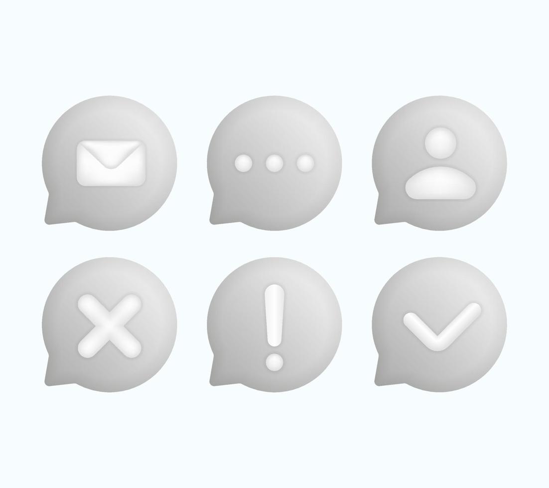 uppsättning av 3d grå tala bubbla text, chattar låda, meddelande låda realistisk vektor illustration design. post ikon, Stöd, ja eller Nej tecken. ballong 3d stil av tänkande tecken symbol. på de vit bakgrund.