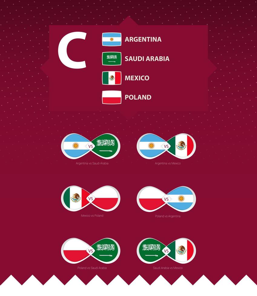 grupp c av fotboll turnering, flaggor och match ikon uppsättning. vektor