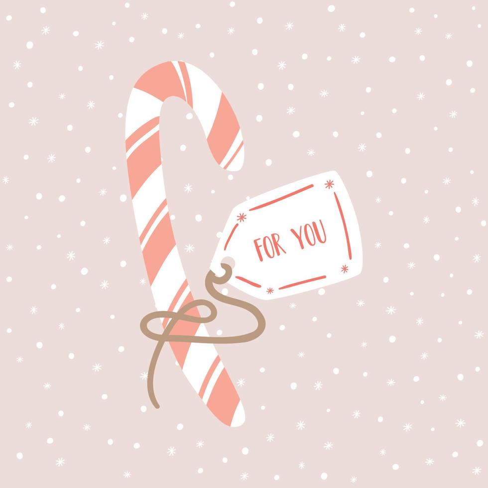 jul godis sockerrör ljuv pinne. jul hälsning kort för du. hand dragen rosa jul eller ny år festlig ljuv godis. vit sockerrör med rosa Ränder vykort. vektor illustration