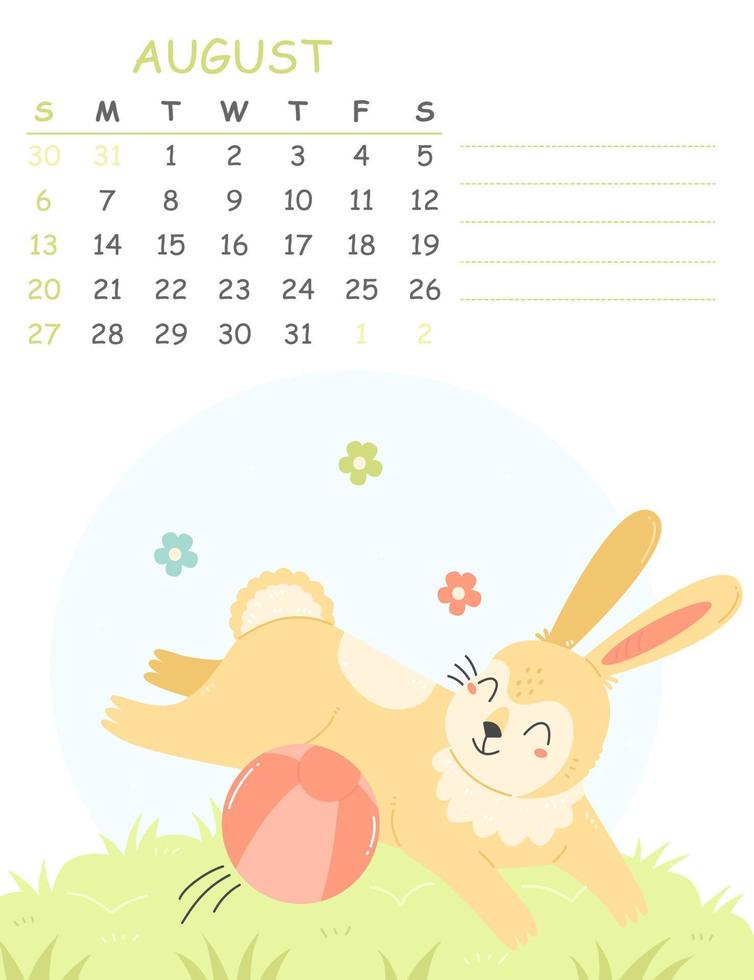 augusti barns vertikal kalender för 2023 med ett illustration av en söt kanin spelar med en boll. 2023 är de år av de kanin. vektor sommar illustration kalender sida.