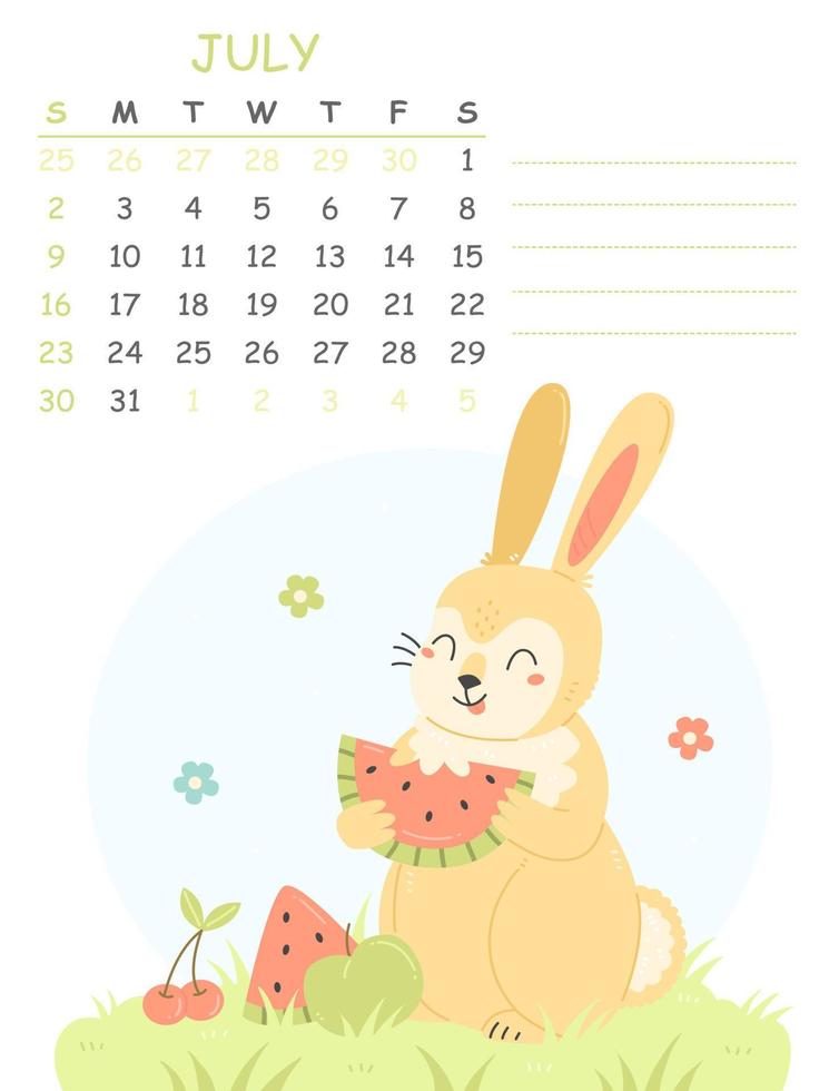 Vertikaler Juli-Kinderkalender 2023 mit einer Illustration eines niedlichen Kaninchens, das Wassermelone isst. 2023 ist das Jahr des Hasen. vektor sommer illustration kalenderseite.