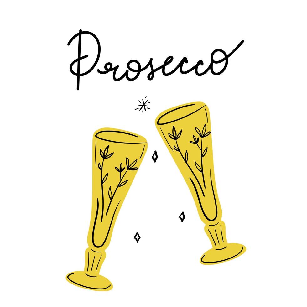 prosseco text med hand dragen vin glasögon. minimalistisk hälsning kort design vektor