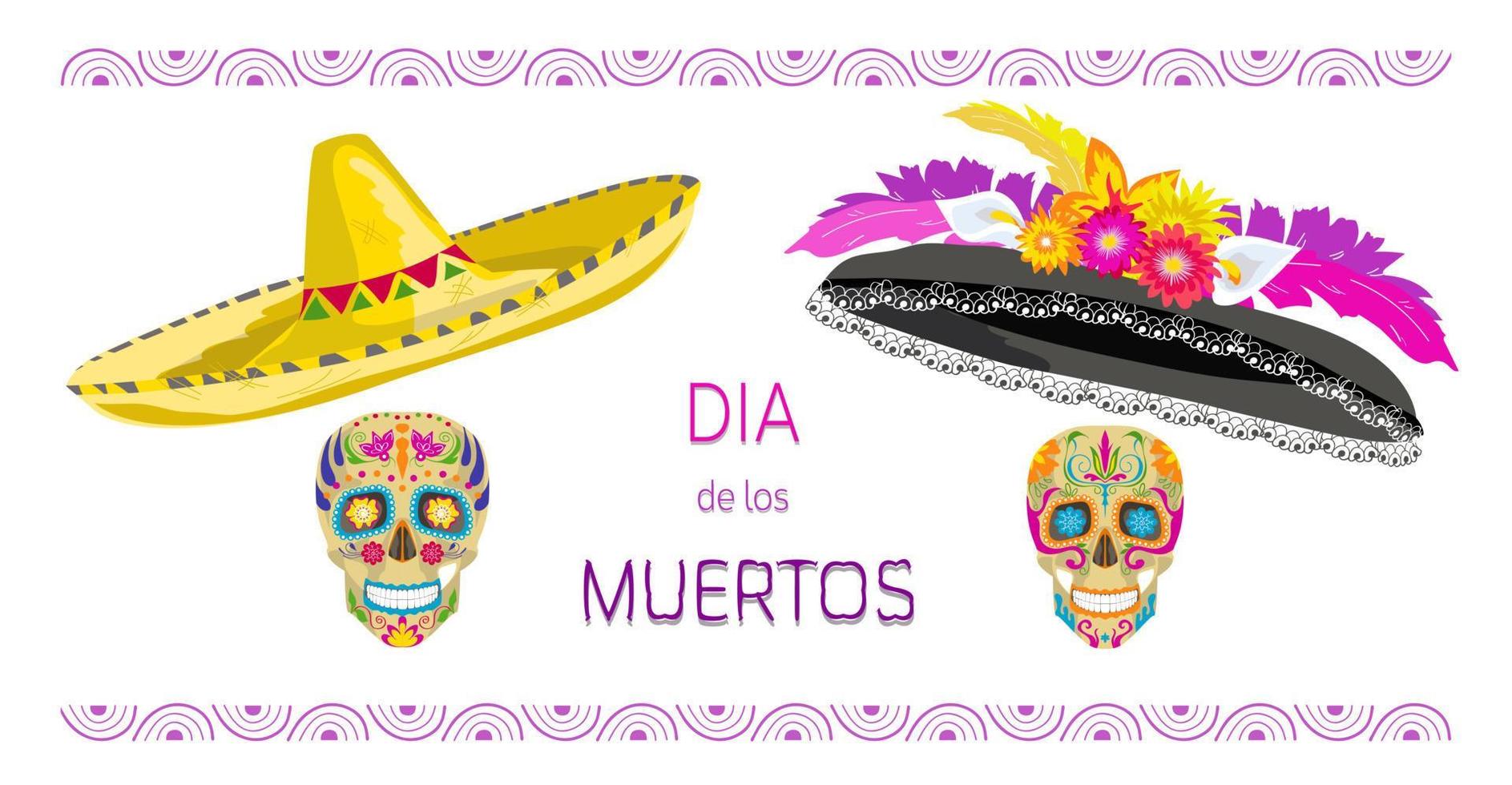 zwei bunt bemalte Totenschädel-Calaveras für den Tag der Toten, dia de los muertos in Mexiko, mit Hüten, Sombrero für den Mann und Catrina-Hut für die Frau vektor