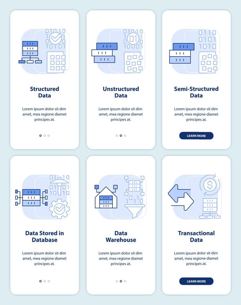 digital data typer ljus blå onboarding mobil app skärm uppsättning. genomgång 3 steg grafisk instruktioner sidor med linjär begrepp. ui, ux, gui mall. vektor