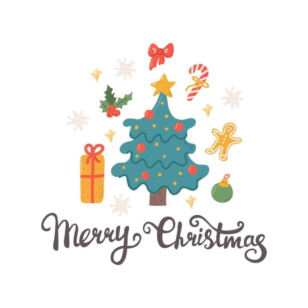 hälsning kort, jul träd med gåvor, dekorationer och snöflingor, hand text glad jul, vektor platt illustration på vit bakgrund