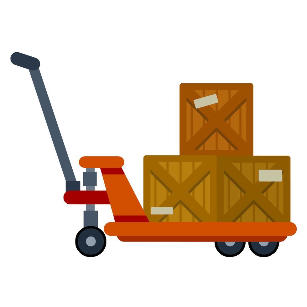 vagn med lådor. industriell frakt. läser in, lagring och logistik i lager. handkärra på hjul med ladda. platt plattform vagn. låda med paket vektor