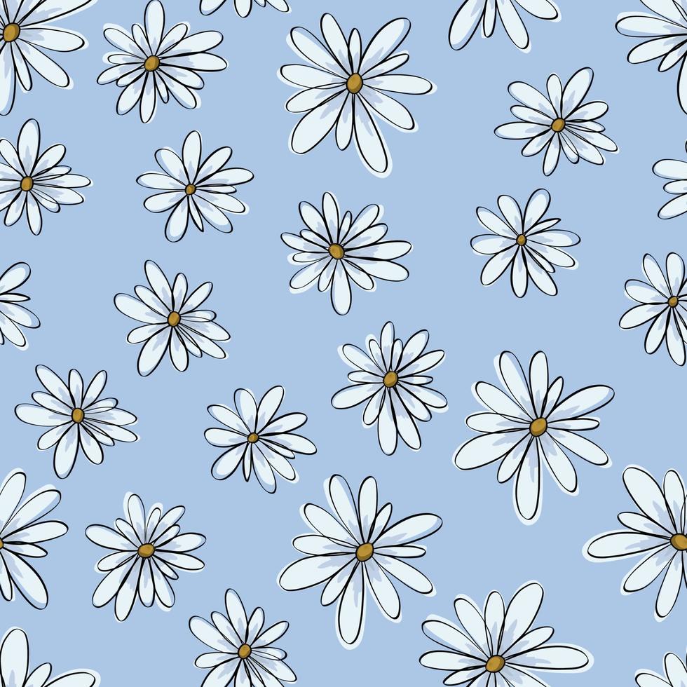 Blumennahtloses Muster mit einfacher Kamillenblüte isoliert auf blauem Hintergrund. kann für Stoff, Geschenkpapier, Scrapbooking, Textilien, Banner und andere Designs verwendet werden. vektor