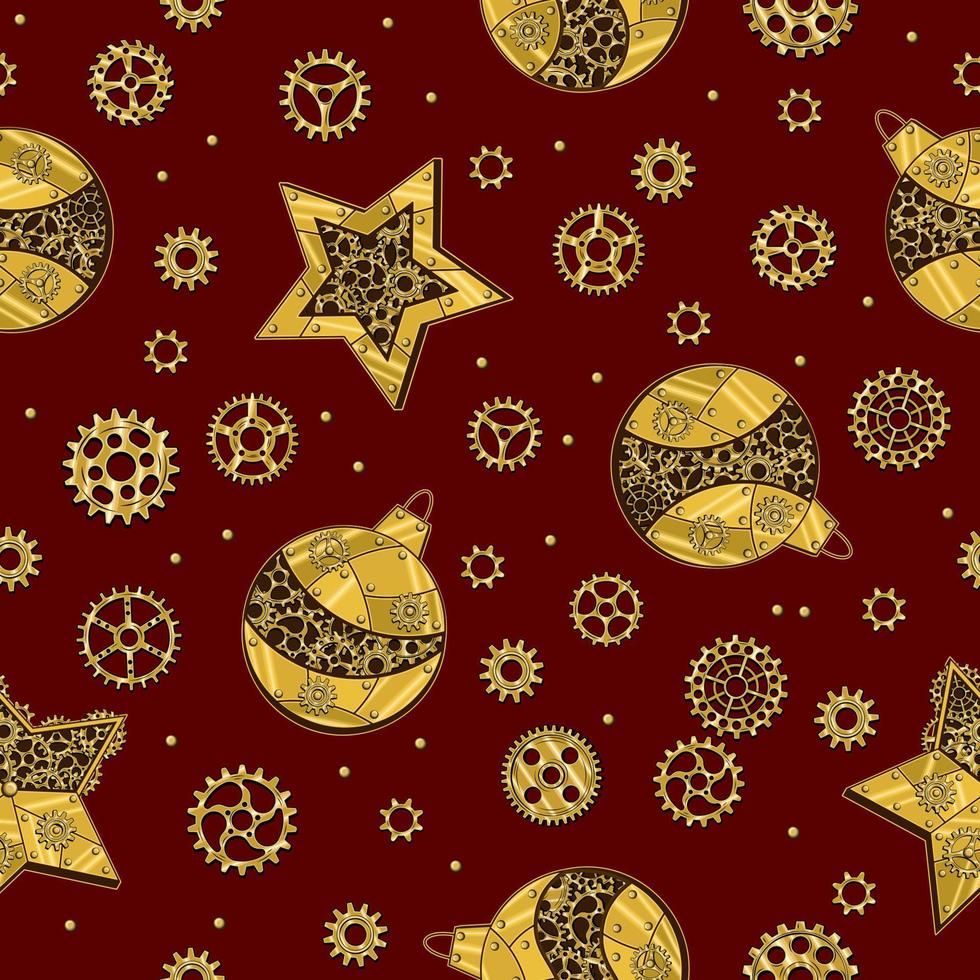 Muster mit Zahnrädern, Sternen und Weihnachtskugeln aus glänzendem Messing, goldenen Metallplatten, Zahnrädern, Zahnrädern, Nieten im Steampunk-Stil. roter Hintergrund. vektor
