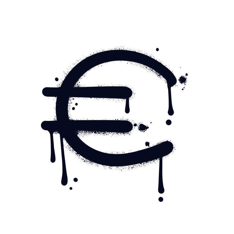 valuta tecken av euro. svart spray urban graffiti symbol av eu valuta med fläckar isolerat på vit bakgrund. vektor texturerad illustration på separat träd skikten.