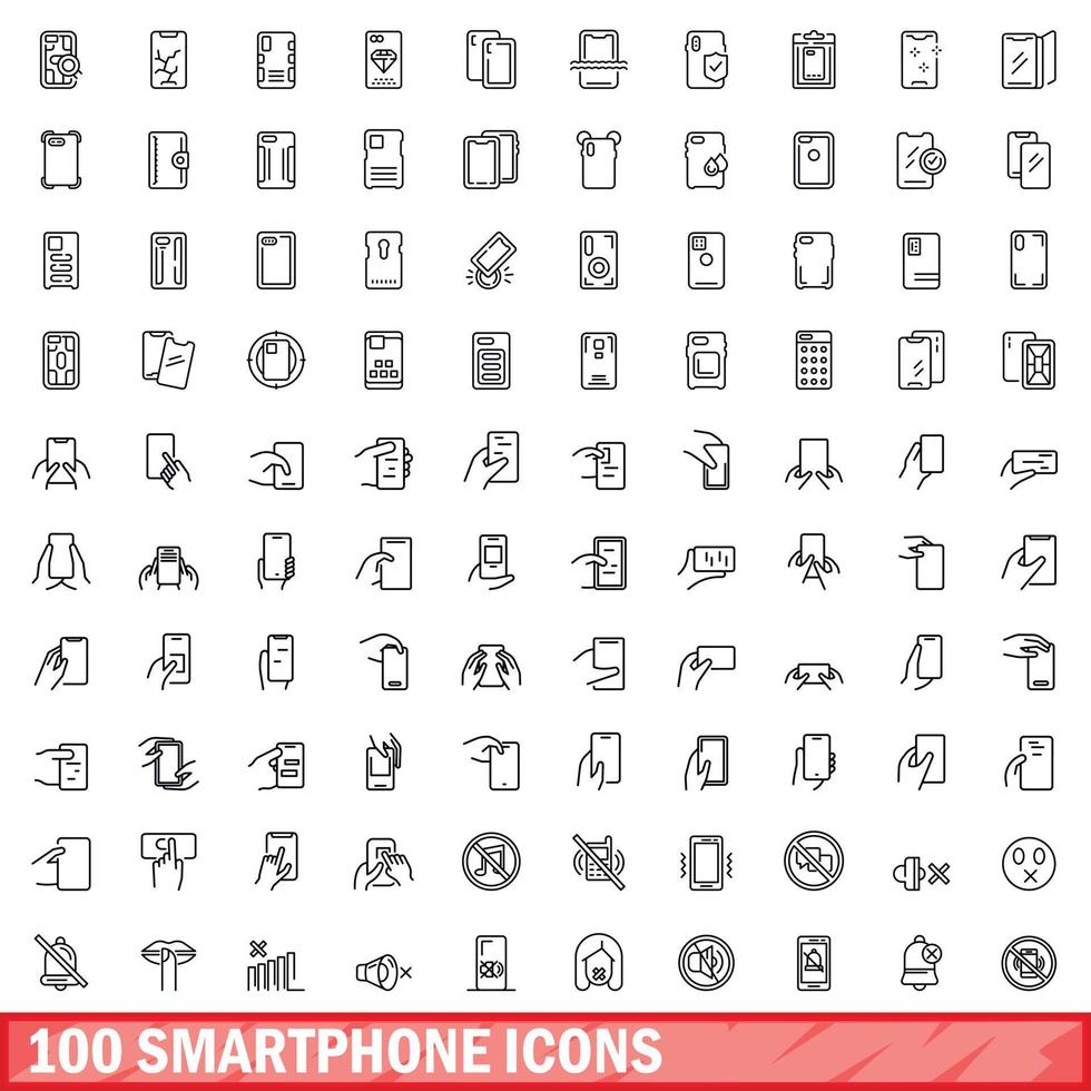 100 smartphone ikoner set, kontur stil vektor