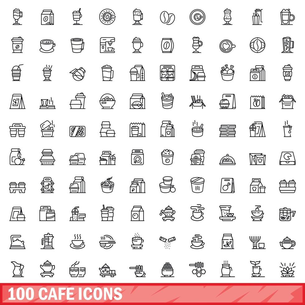 100 Kafé ikoner uppsättning, översikt stil vektor