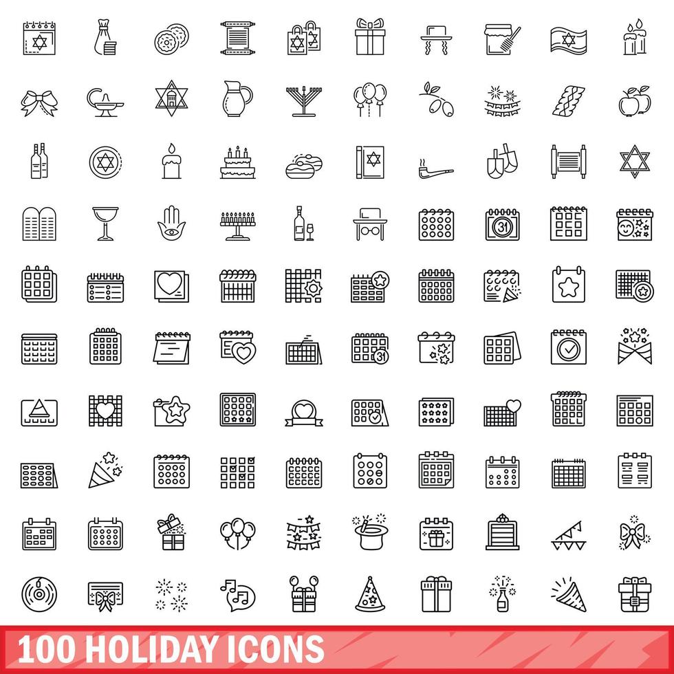 100 Urlaubssymbole gesetzt, Umrissstil vektor