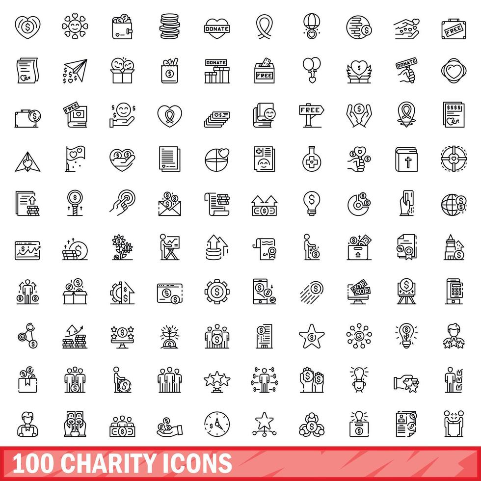 100 Wohltätigkeitssymbole gesetzt, Umrissstil vektor