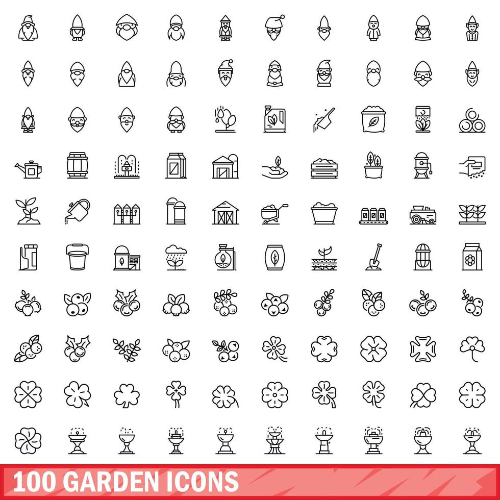 100 Gartensymbole gesetzt, Umrissstil vektor