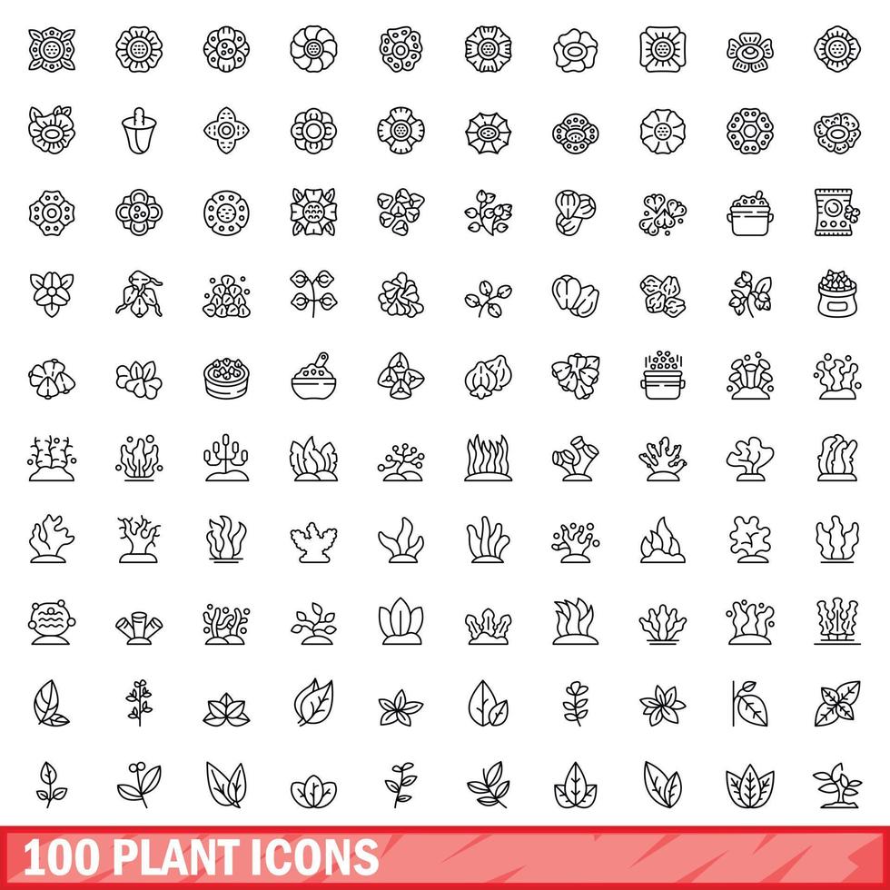100 växtikoner set, konturstil vektor