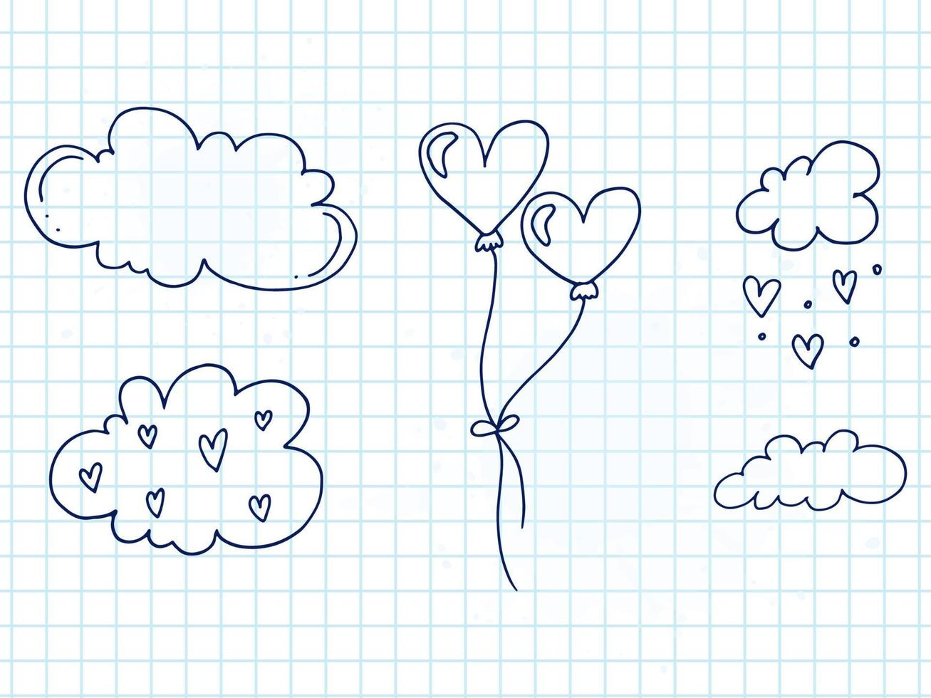 uppsättning av söt ritad för hand klotter element handla om kärlek. meddelande klistermärken för appar. ikoner för valentines dag, romantisk evenemang och bröllop. en rutig anteckningsbok. ballonger i de himmel med moln. vektor