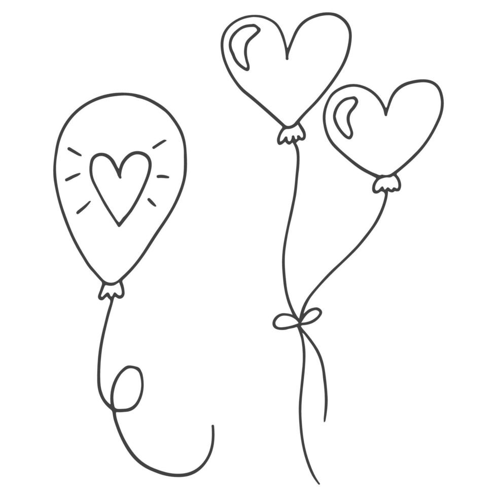 satz niedlicher handgezeichneter gekritzelelemente über die liebe. Nachrichtenaufkleber für Apps. symbole für valentinstag, romantische veranstaltungen und hochzeit. Ballons in Form von Herzen fliegen. vektor