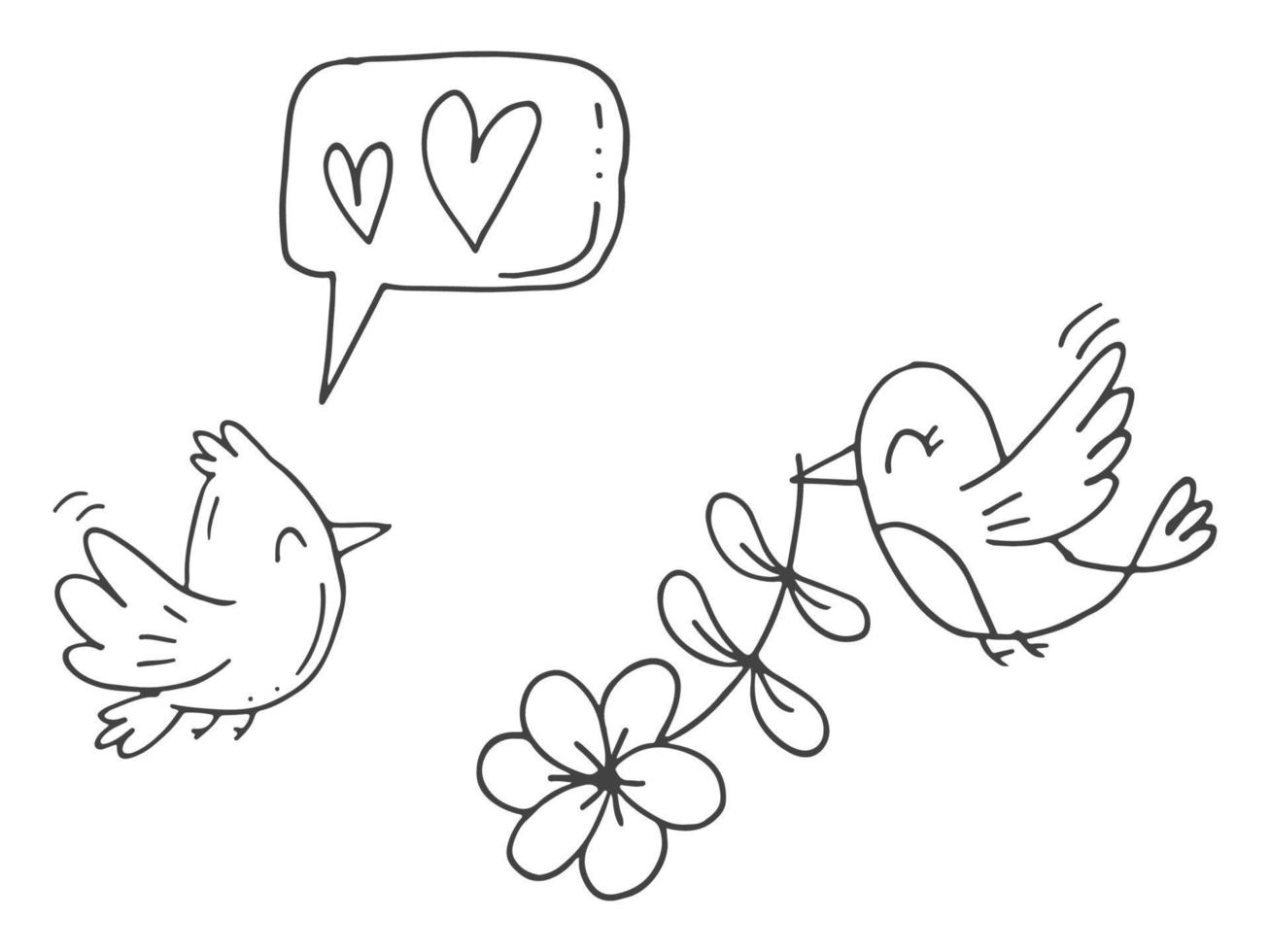uppsättning av söt ritad för hand klotter element handla om kärlek. meddelande klistermärken för appar. ikoner för valentines dag, romantisk evenemang och bröllop. en fågel sjunger en kärlek låt och henne älskare med en blomma. vektor