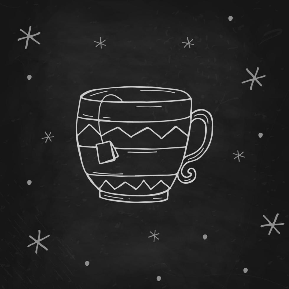 kopp av te med en snöflingor på en svart krita styrelse. vektor illustration i klotter stil. vinter- humör. Hej 2023. glad jul och Lycklig ny år.