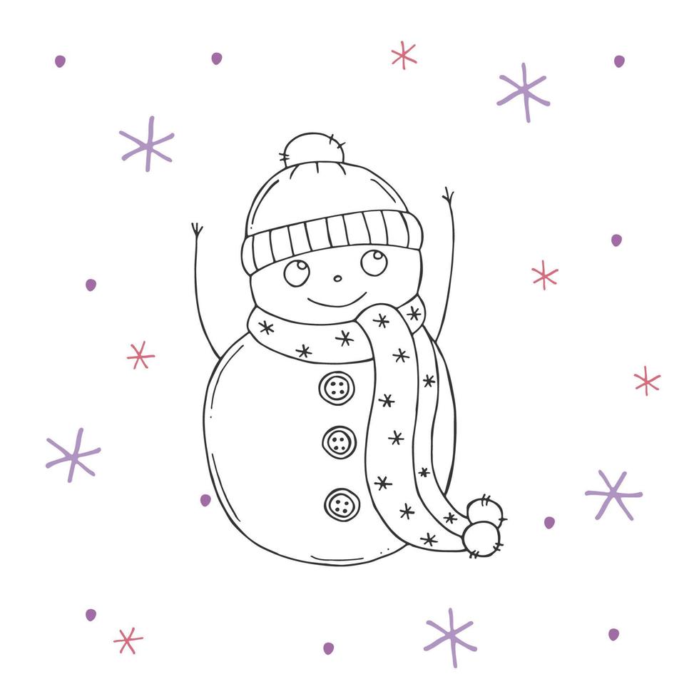 süßer Schneemann mit lila und rosa Schneeflocken auf weißem Hintergrund. Vektorillustration im Doodle-Stil. Winterstimmung. hallo 2023. frohe weihnachten und ein gutes neues jahr. vektor