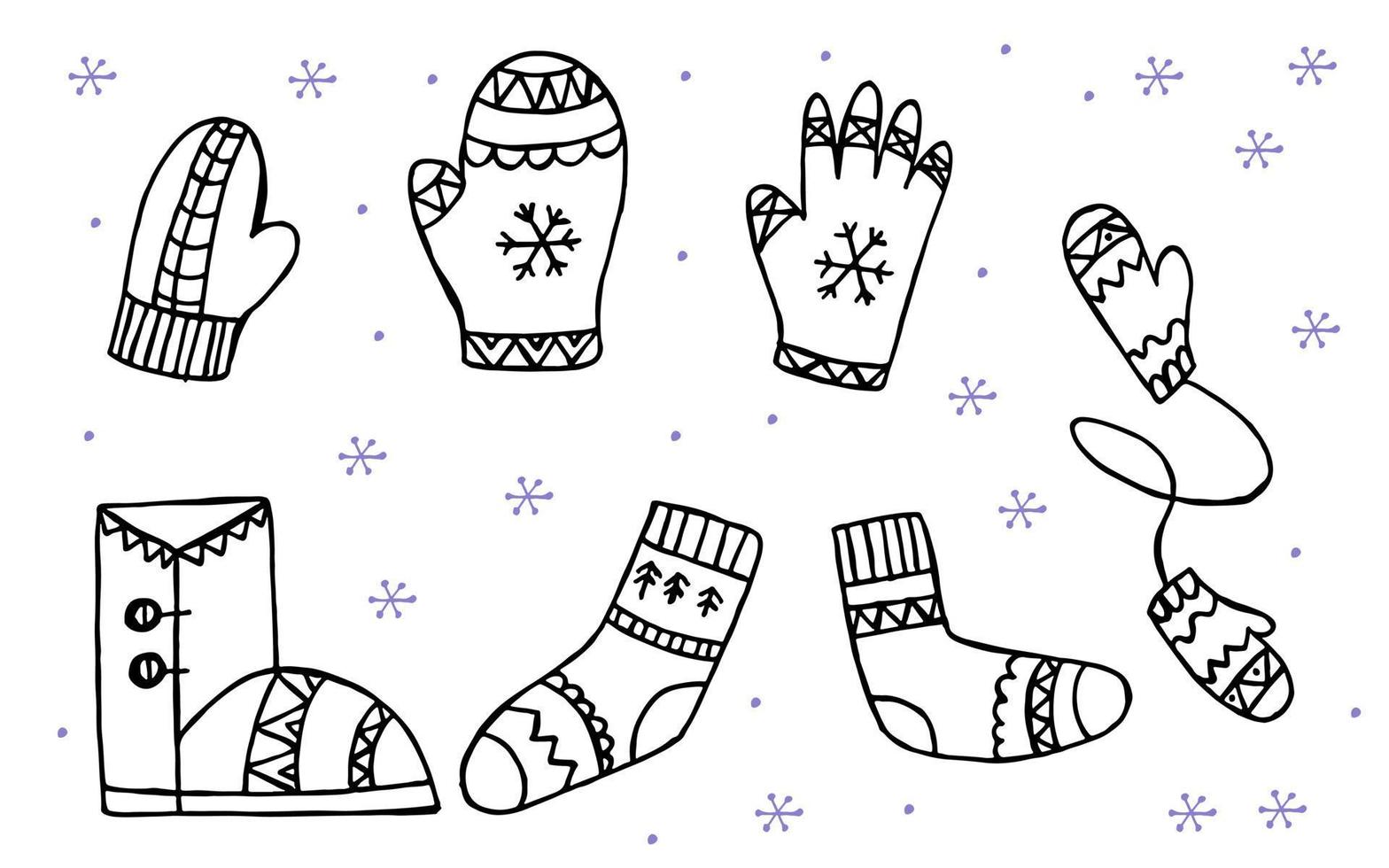 en uppsättning av ritad för hand vinter- Kläder. vektor illustration i klotter stil. vinter- humör. Hej 2023. glad jul och Lycklig ny år. svart och violett känga, strumpor och vantar på en vit bakgrund.