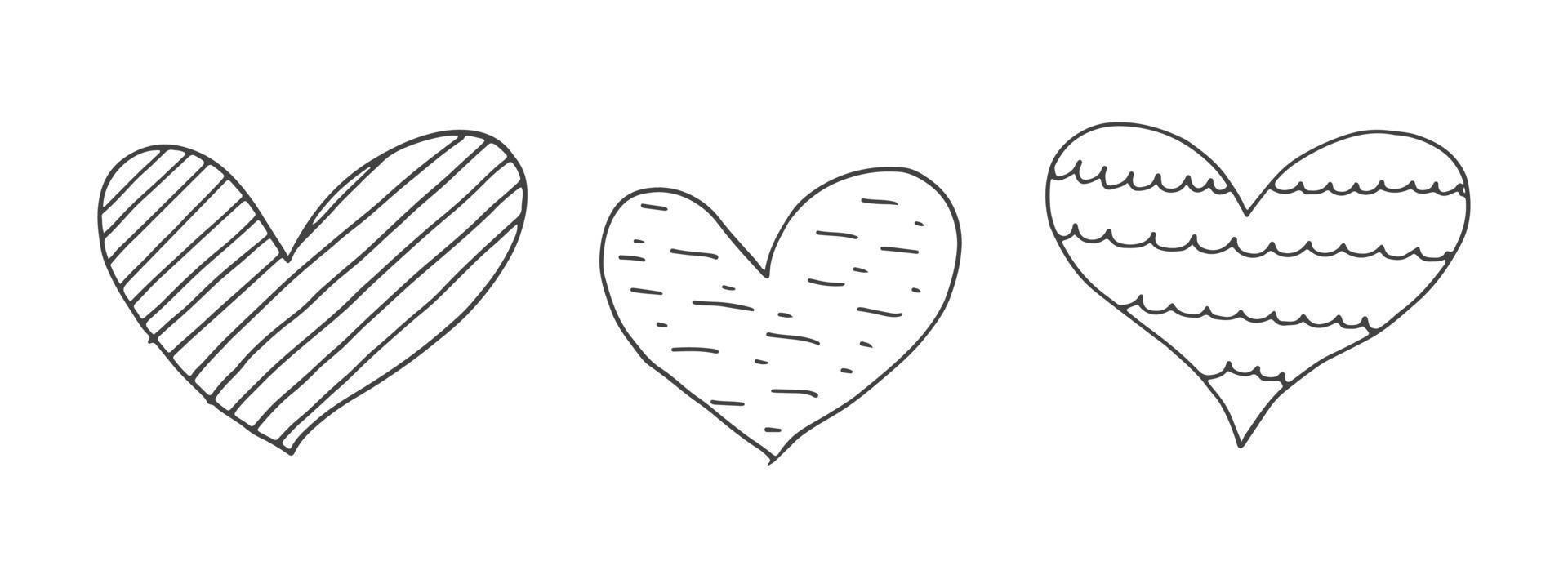 große menge niedlicher handgezeichneter gekritzelelemente über die liebe. Nachrichtenaufkleber für Apps. symbole für valentinstag, romantische veranstaltungen und hochzeit. Herzen mit Streifen und Textur. vektor