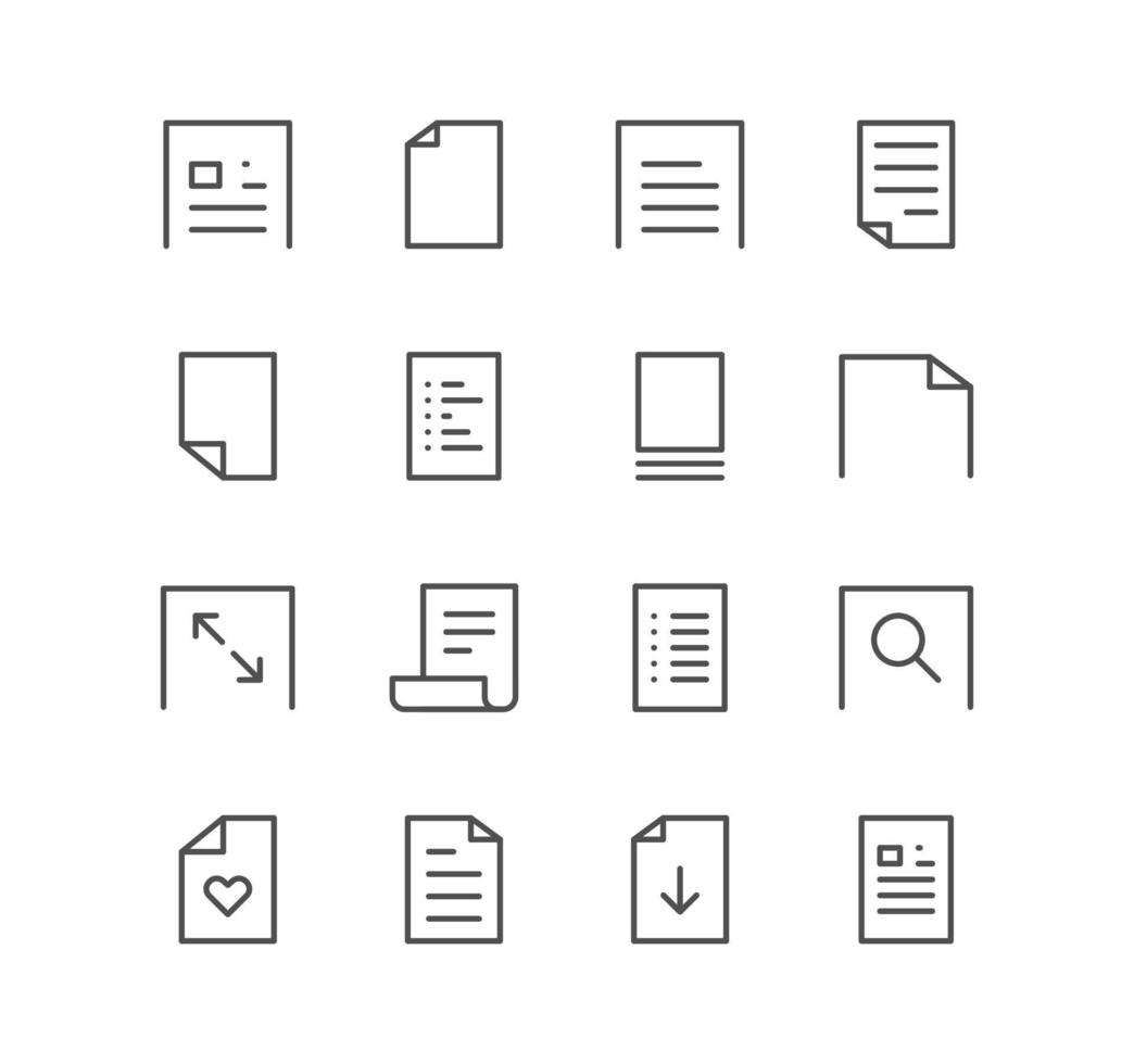 Satz von Dokument- und Papiersymbolen, Papier, Download, Infografik, Favorit, Seite, Text, Datei und lineare Vektoren. vektor