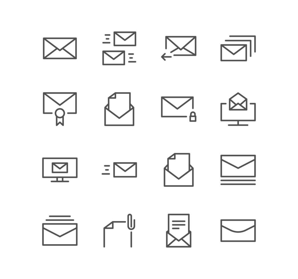 uppsättning av företag och teknologi ikoner, kuvert, post, brev, skicka, posta, meddelande, papper och linjär mängd vektorer. vektor