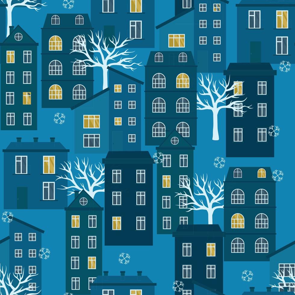 Nahtloses Winterweihnachtsmuster mit jedem Haus und Gebäude. Vektor-Illustration auf blauem Hintergrund. vektor