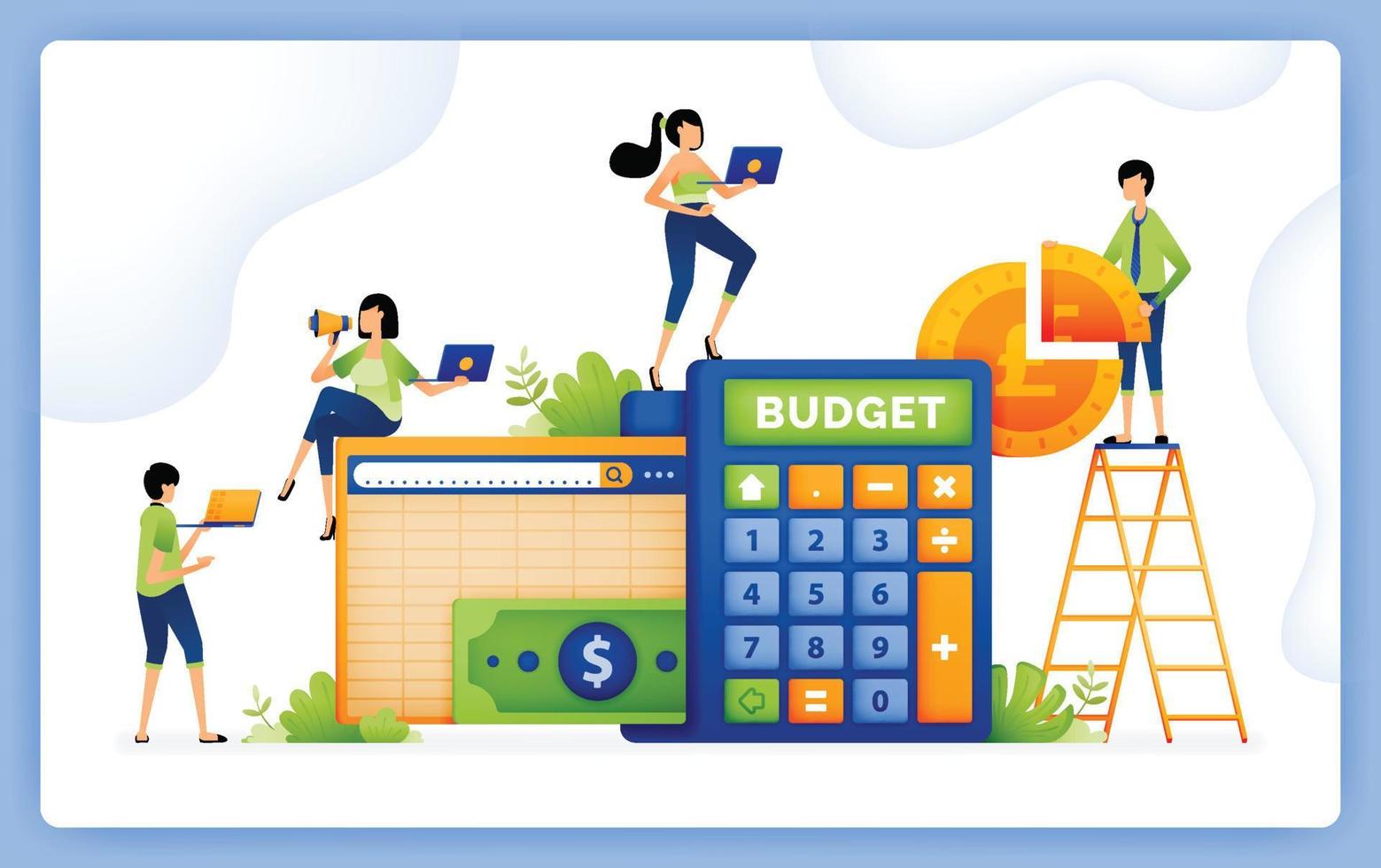 illustration der budgetierung und finanzausgabenplanung mit buchhaltungsrechnersoftware. Design kann für Zielseiten, Startup-Apps, Webseiten und Anzeigen verwendet werden vektor