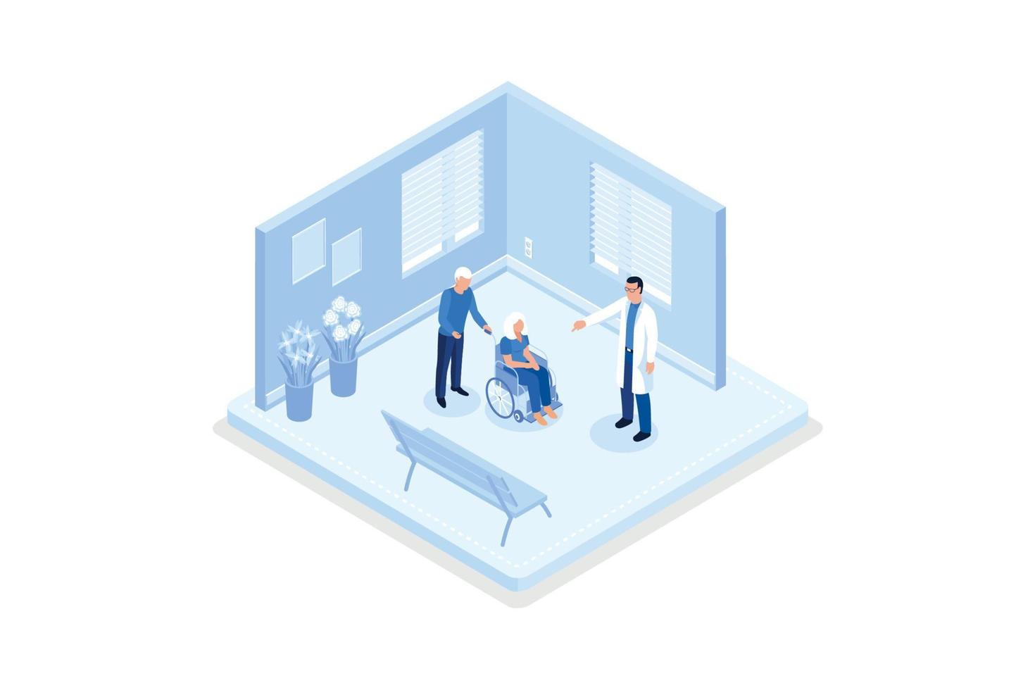 äldre sjukvård, seniors i amning Hem sjukhus möte med läkare, isometrisk vektor modern illustration
