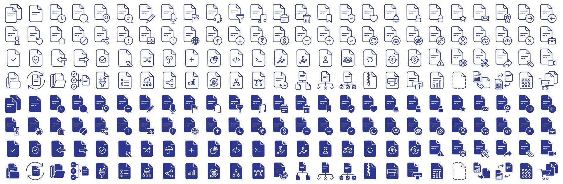 Sammlung von Symbolen, die sich auf Dokumente und Dateien beziehen, einschließlich Symbolen wie Seite, Textdokument, Daten und mehr. Vektorgrafiken, pixelgenau vektor