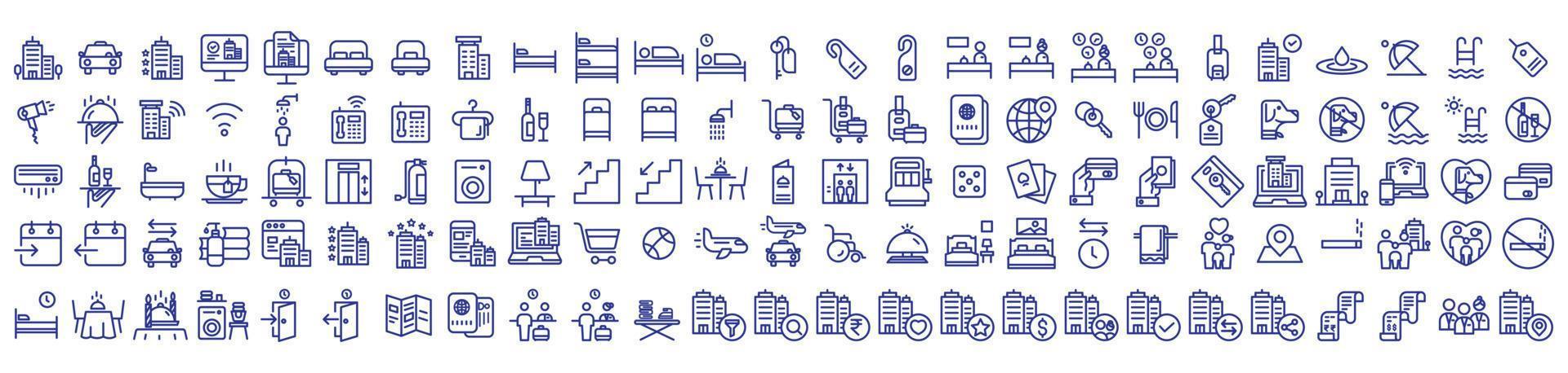 Sammlung von Symbolen im Zusammenhang mit Hotels und Lodges, einschließlich Symbolen wie Restaurant, Taxi, Zimmer, Spa und mehr. Vektorgrafiken, pixelgenau vektor