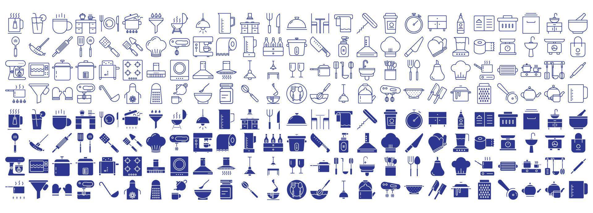 Sammlung von Symbolen im Zusammenhang mit Küche und Kochen, einschließlich Symbolen wie Tasse, Küche, Kochen, Koch und mehr. Vektorgrafiken, pixelgenau vektor