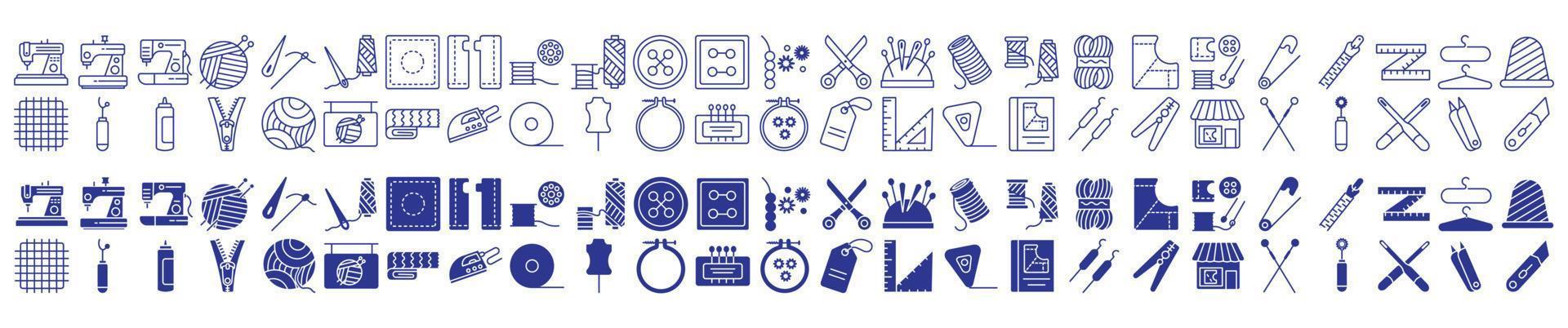 Sammlung von Symbolen zum Nähen und Nähen, einschließlich Symbolen wie Nähmaschine, Nadel, Stiche, Faden und mehr. Vektorgrafiken, pixelgenau vektor
