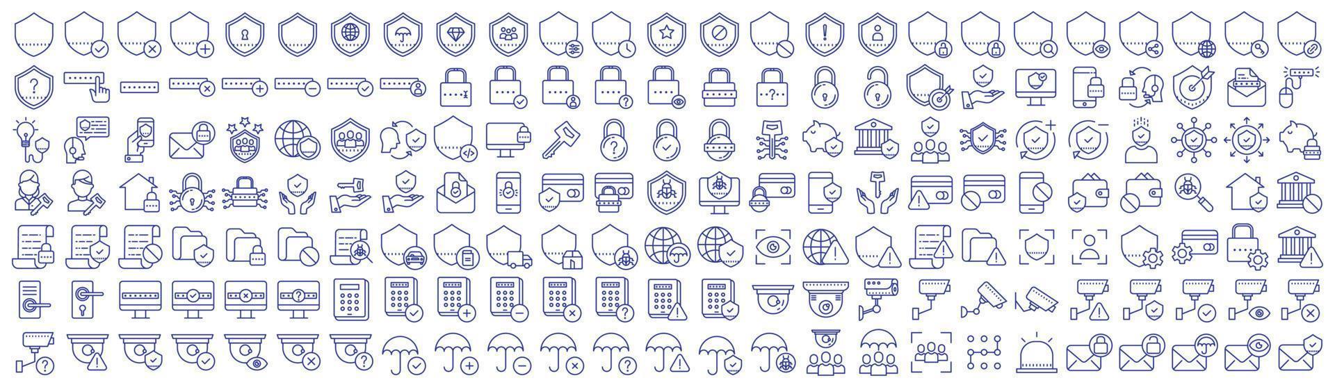 Sammlung von Symbolen im Zusammenhang mit Sicherheit und Schutzschild, einschließlich Symbolen wie Websicherheit, Premium, Computer und mehr. Vektorgrafiken, pixelgenau vektor