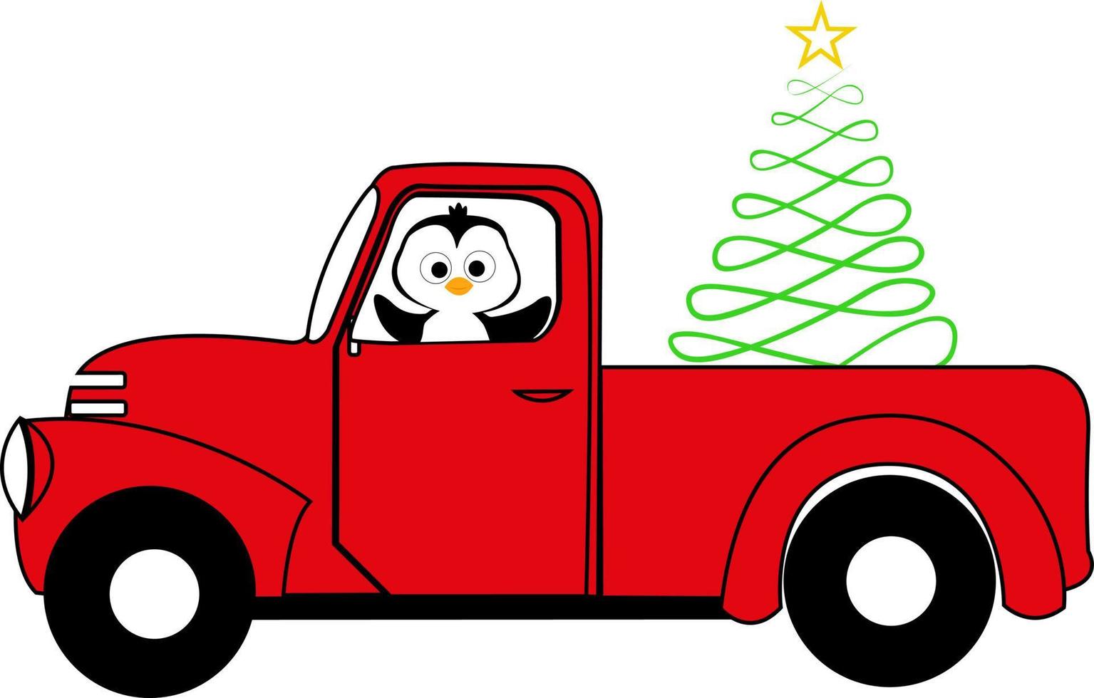 en röd bil är bärande en jul träd med en lopp på de topp. pingvin. ny år. jul. vektor