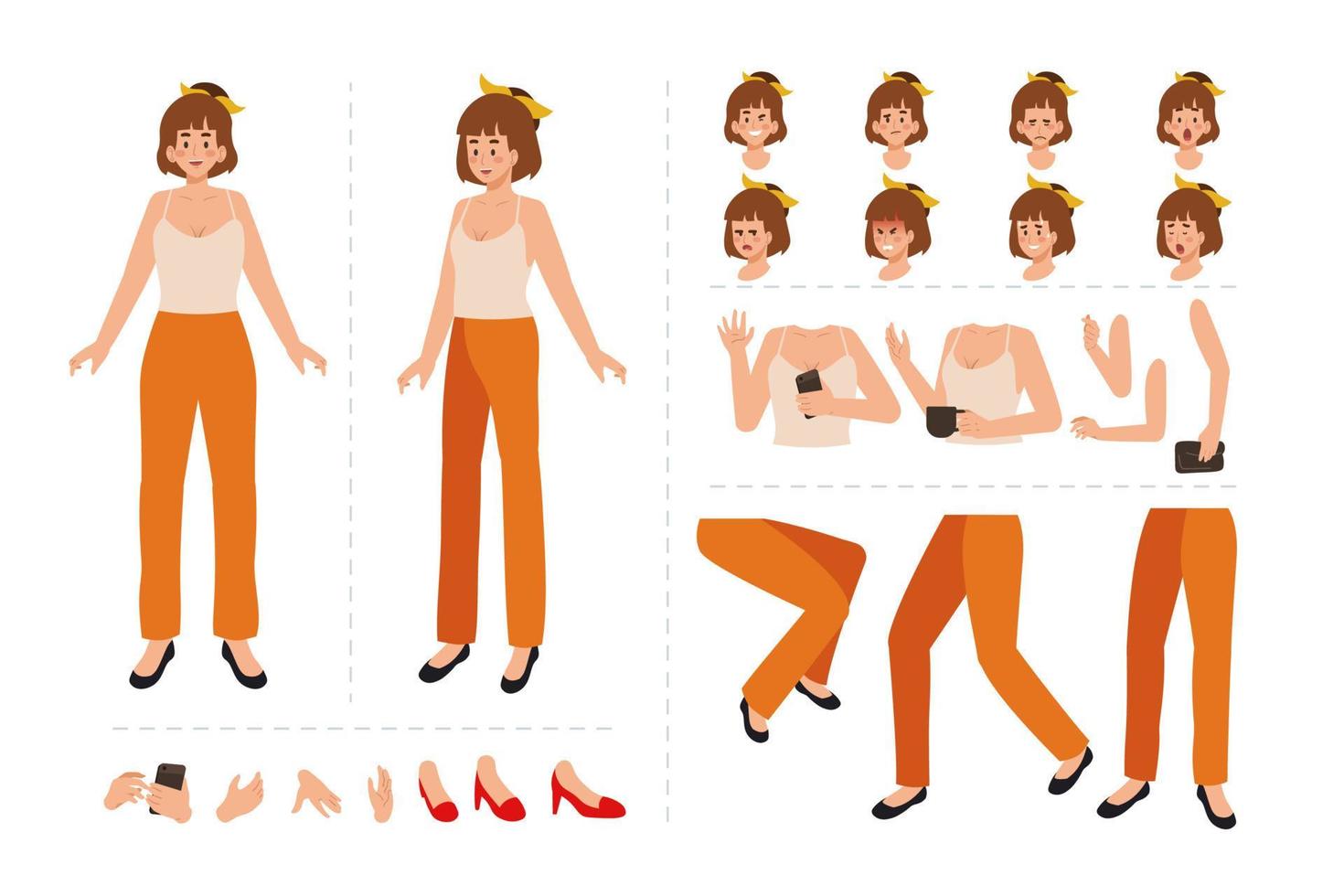 söt flicka tecknad serie karaktär för rörelse design med ansiktsbehandling uttryck, hand gester, kropp och ben rörelse illustration vektor