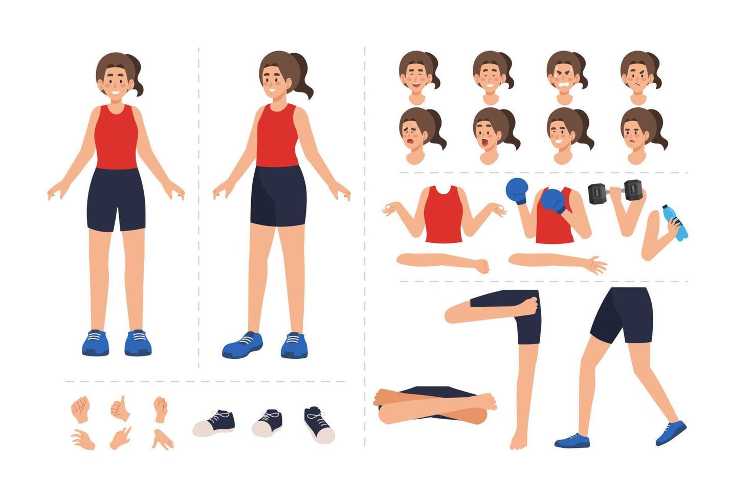 sport flicka tecknad serie karaktär med olika ansiktsbehandling uttryck, hand gester, kropp och ben rörelse. tecknad serie karaktär för rörelse animering vektor