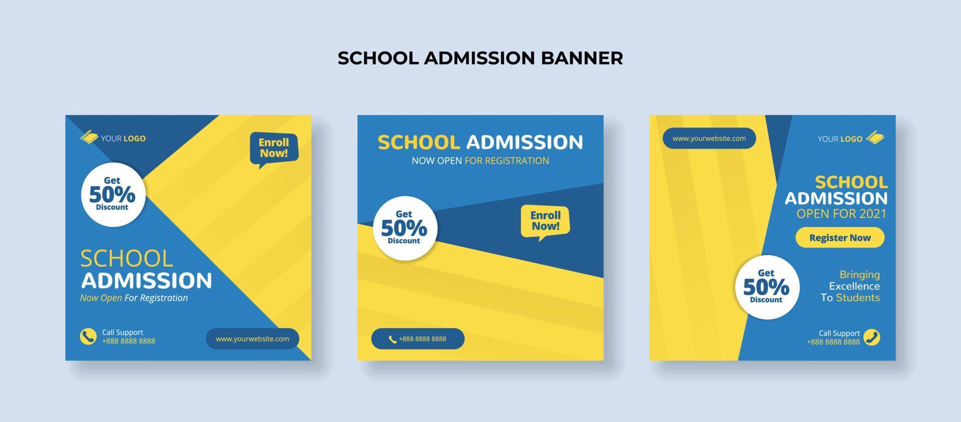 skola antagning fyrkant baner. lämplig för junior och senior hög skola befordran baner vektor