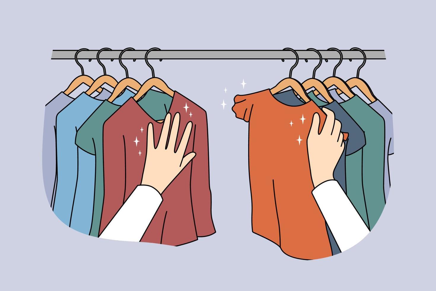 person välja kläder på galgar i affär. klient eller kund förnya garderob uppköp plagg i boutique. handla och konsumentupplysning. vektor illustration.