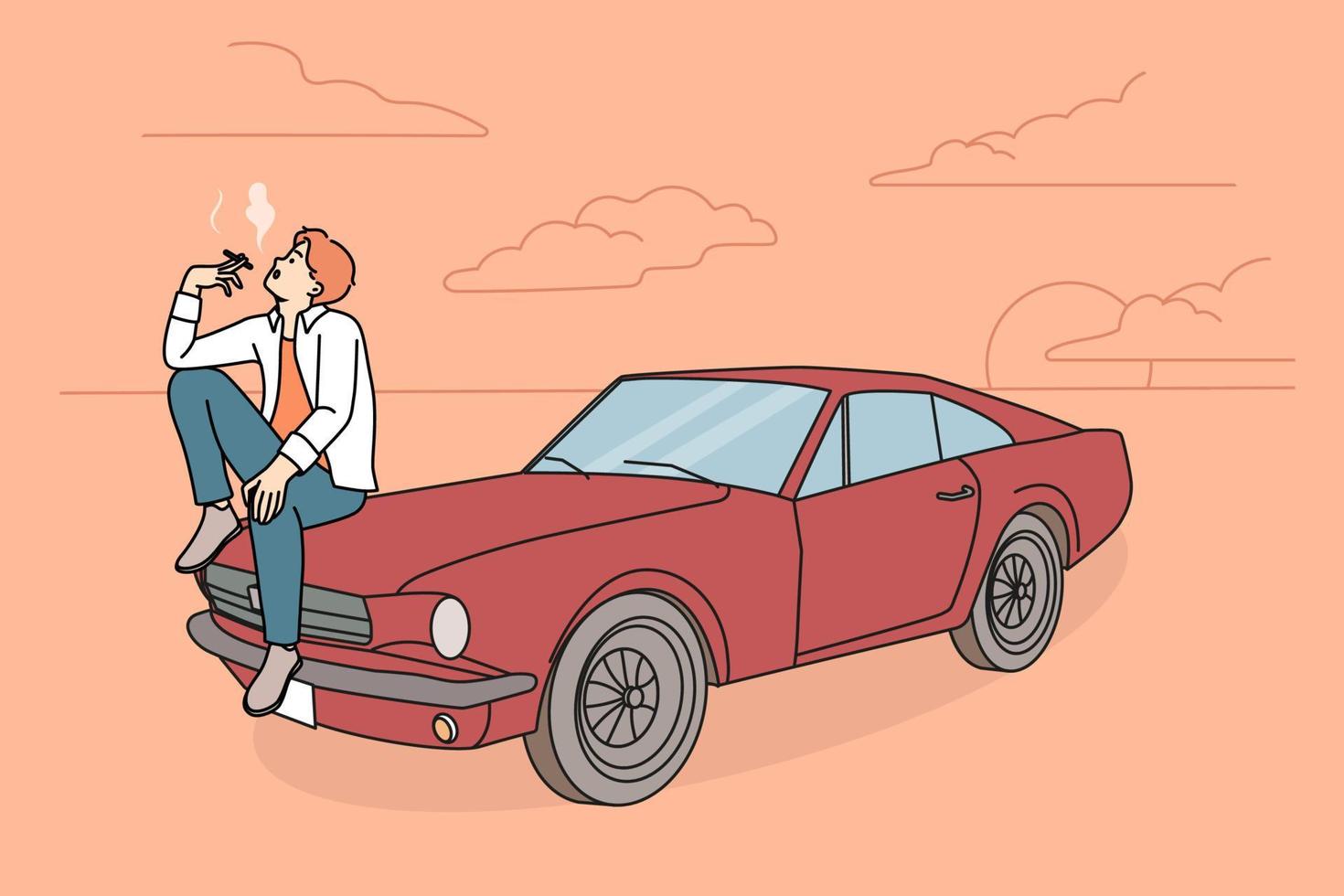 cooler junger Mann, der auf einem Retro-Auto sitzt und raucht. Kerl, der sich in der Nähe von Oldtimern mit Zigarette entspannt. Vektor-Illustration. vektor