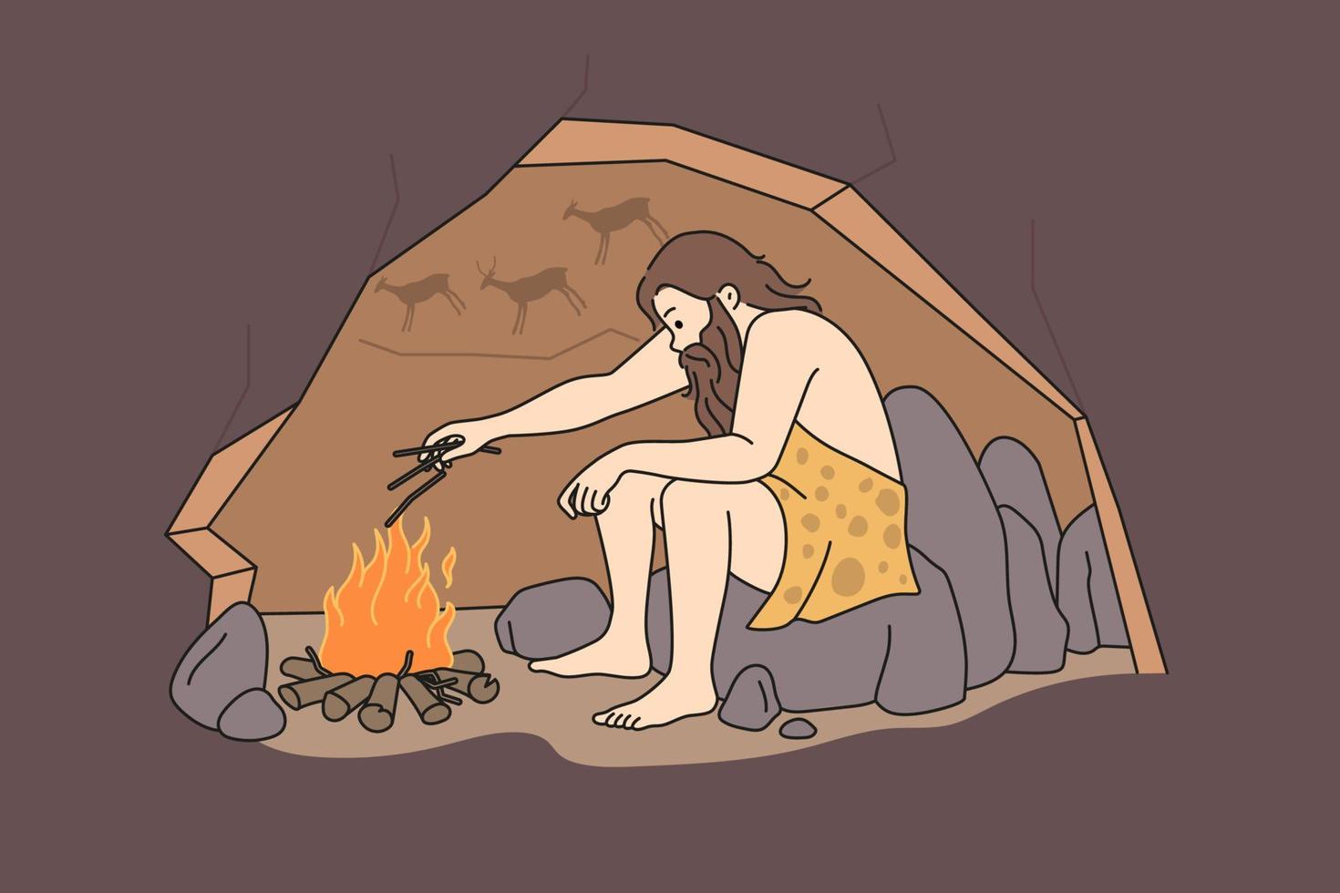 caveman Sammanträde i grotta nära bål uppvärmning. manlig förhistorisk person framställning brand under gammal åldrar. vektor illustration.