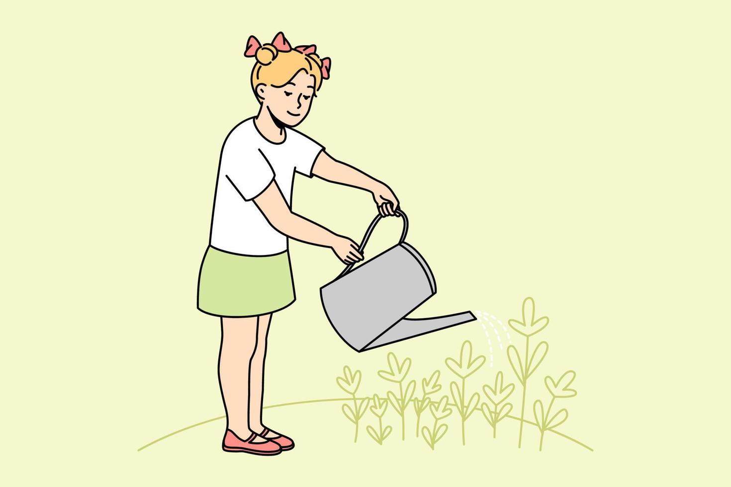 liten flicka barn innehav kan vattning blommor i trädgård. Lycklig unge ta vård av växter utanför. trädgårdsarbete och hortikultur. vektor illustration.