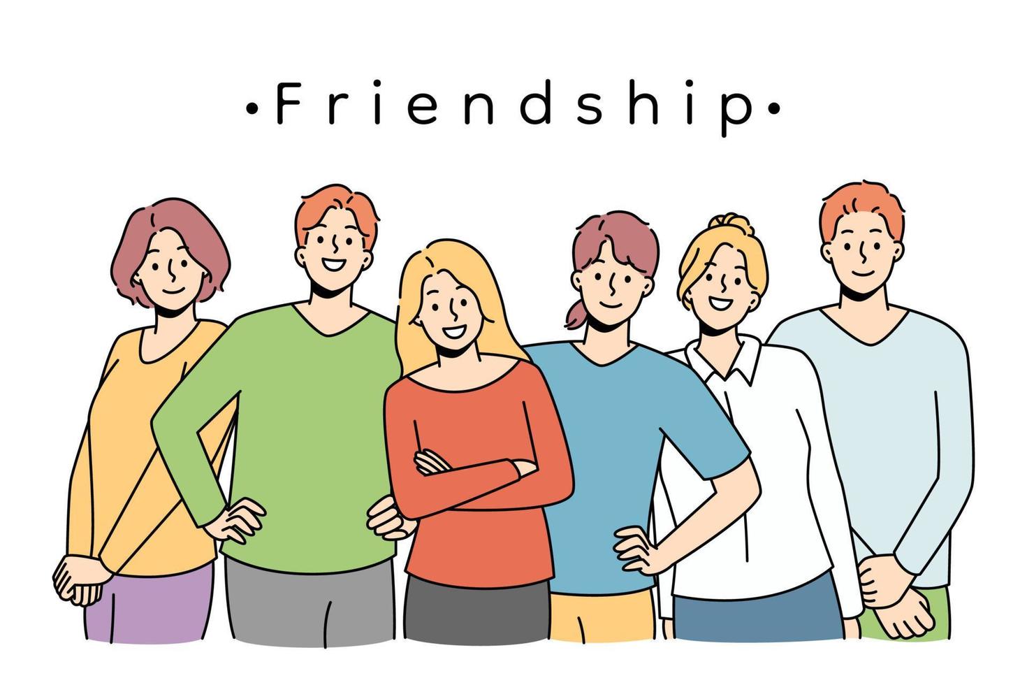 olika ung människor stående tillsammans som visar vänskap och Stöd. multietnisk ungdom grupp samhörighet. lagarbete och samarbete. vektor illustration.